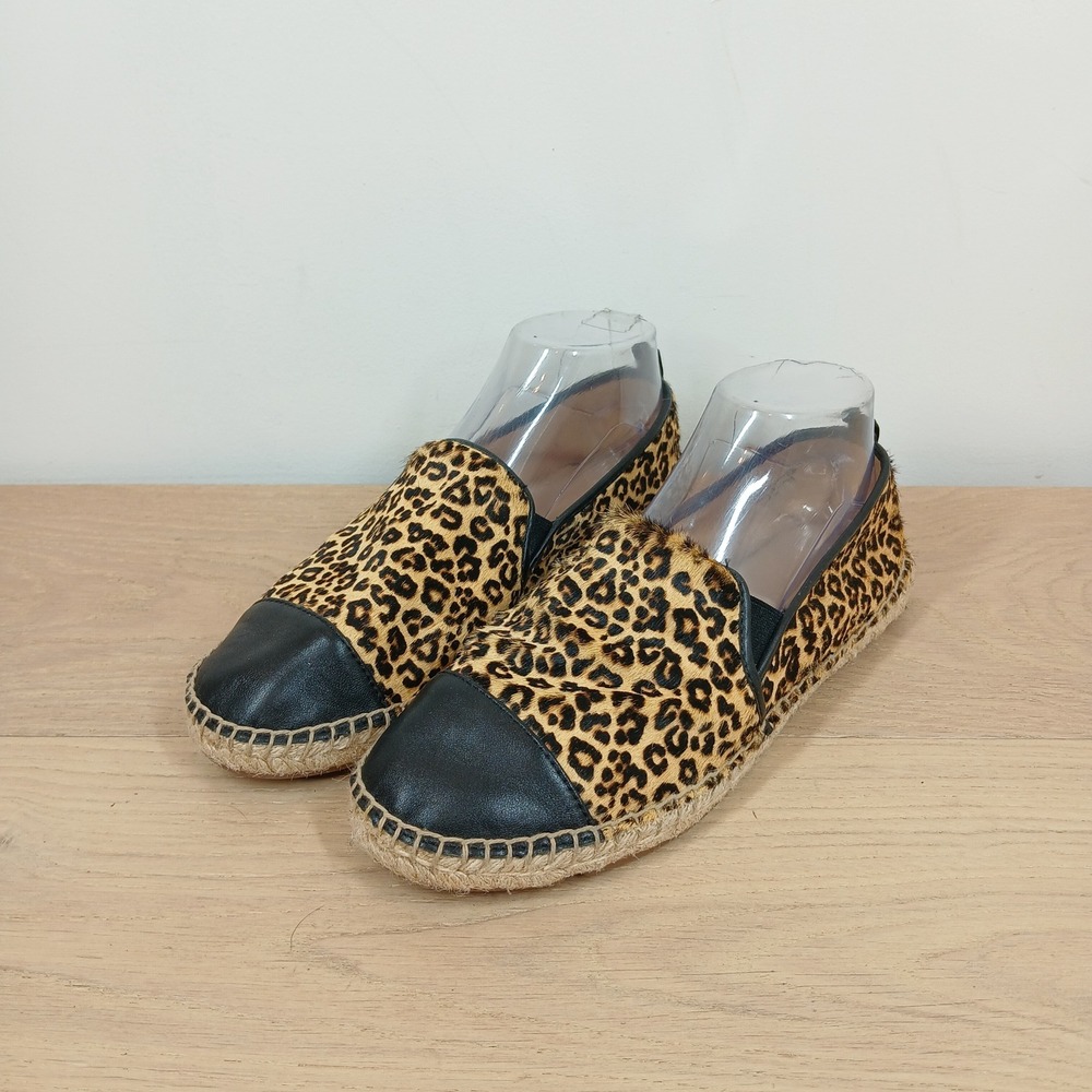 Talbots Espadrille Flats Women 8.5 Brown Calf Hair Leopard Print Leather Cap Toe